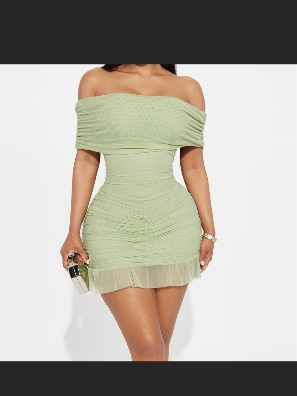 Fashion Nova Off-the-Shoulder Ruched Mini Dress in Sage Green